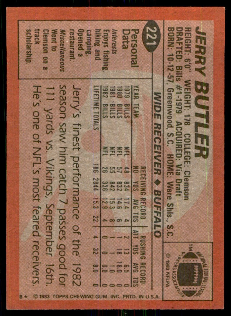1983 TOPPS/ JERRY BUTLER BUFFALO BILLS #221