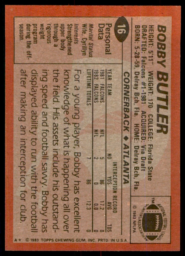 1983 TOPPS/ BOBBY BUTLER ATLANTA FALCONS #16