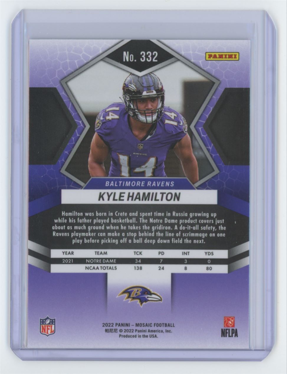 2022 PANINI MOSAIC KYLE HAMILTON #332.