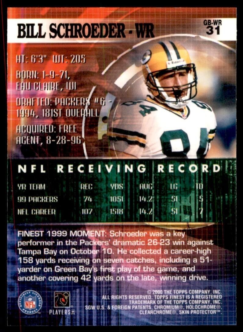 2000 Topps Finest Bill Schroeder Football Cards #31