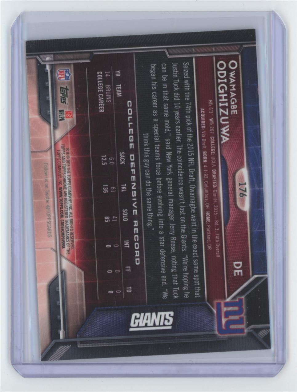 2015 Topps Chrome Owamagbe Odighizuwa Rookie Football Card New York Giants #176