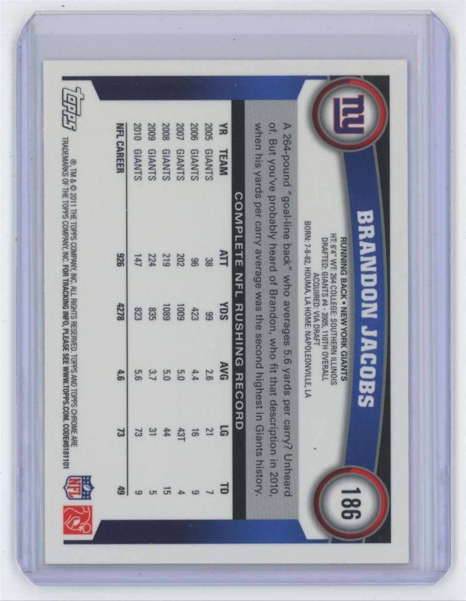 2011 Topps Chrome Brandon Jacobs Football Card New York Giants #186