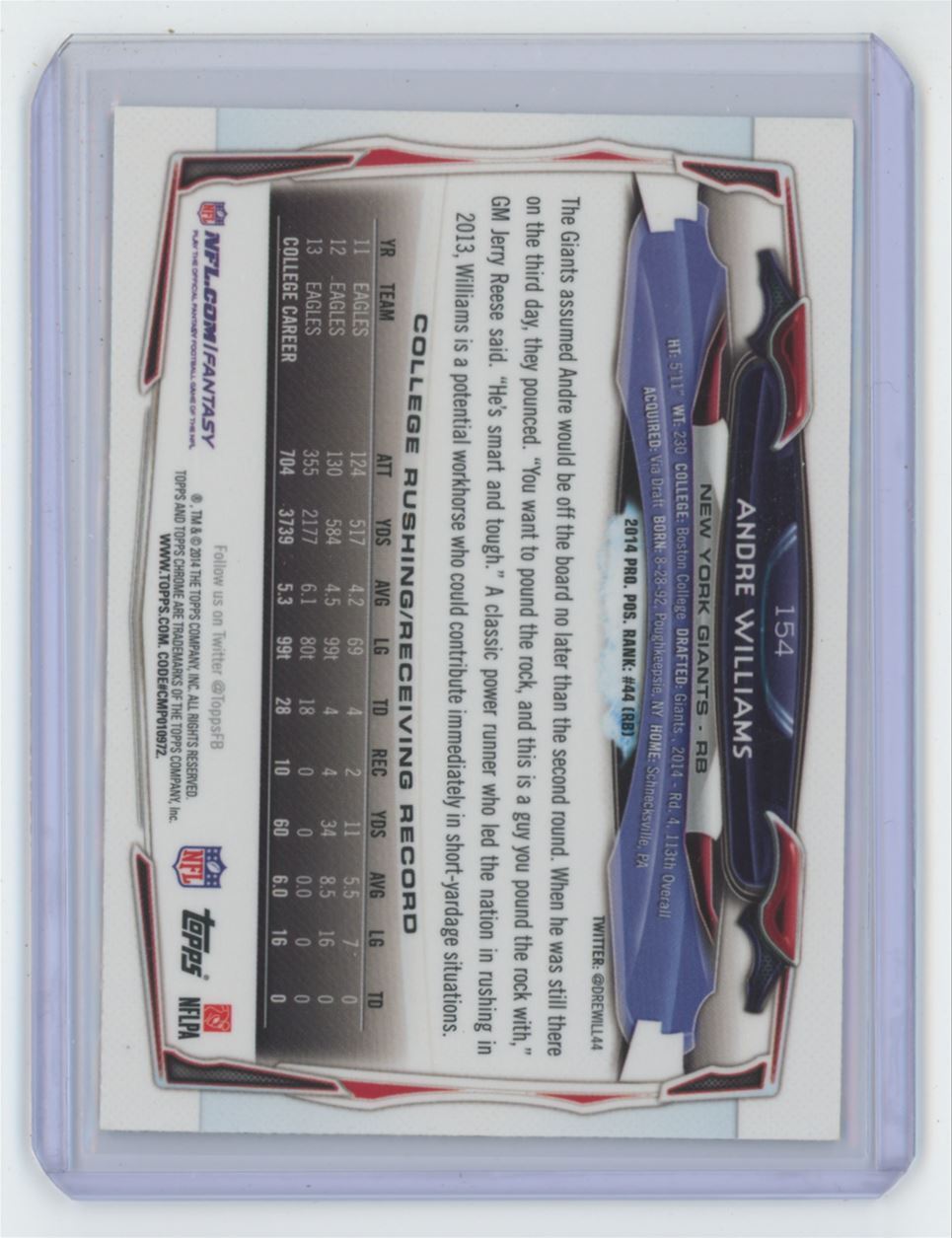 2014 Topps Chrome Andre Williams Rookie Football Card New York Giants #154
