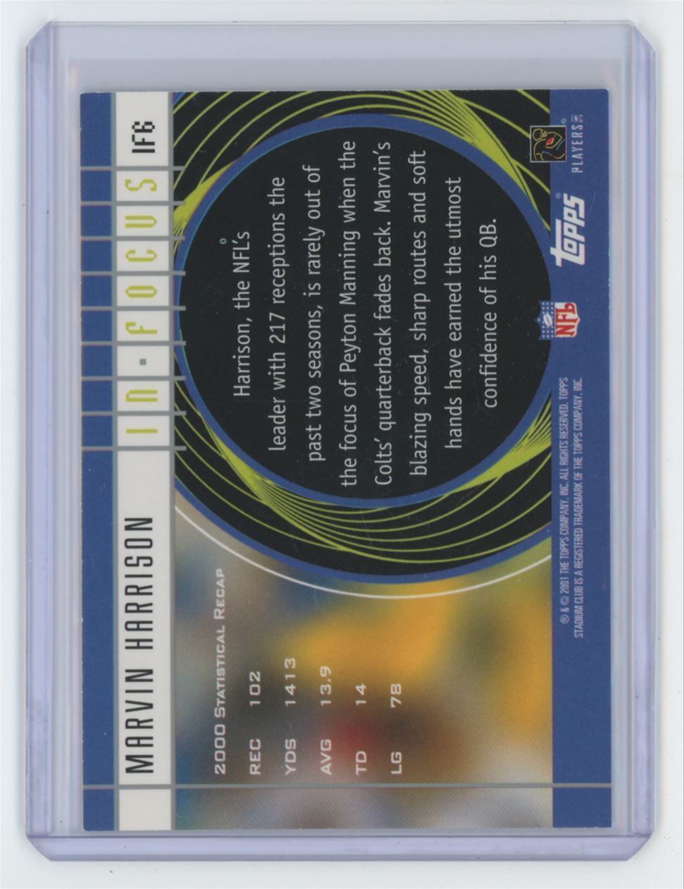 2001 Stadium Club In Focus Marvin Harrison Football Card Indianapolis Colts #IF6