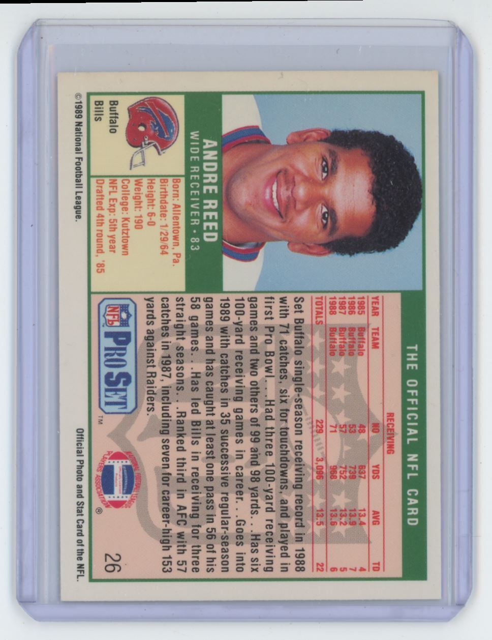 1989 Pro Set NFL Andre Reed Football Card Buffalo Bills #26