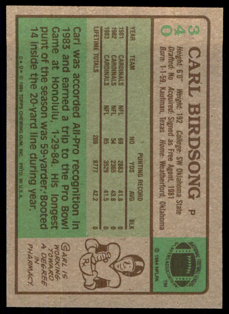 1984 TOPPS. CARL BIRDSONG ST. LOUIS CARDINALS #340