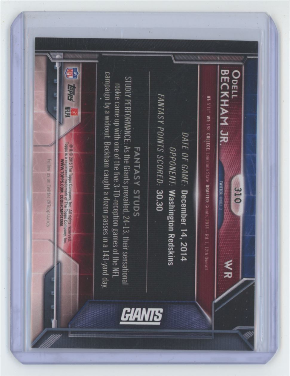 2015 Topps Fantasy Studs Odell Beckham Jr. Football Card New York Giants #310