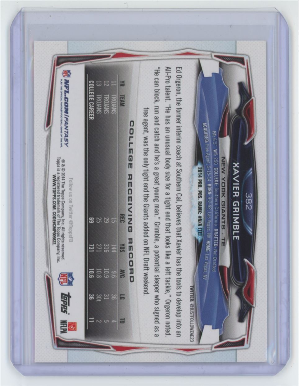 2014 Topps Xavier Grimble Rookie Football Card New York Giants #382