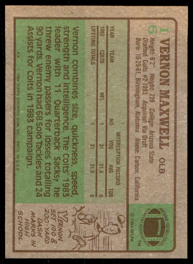 1984 TOPPS^ VERNON MAXWELL BALTIMORE COLTS #16