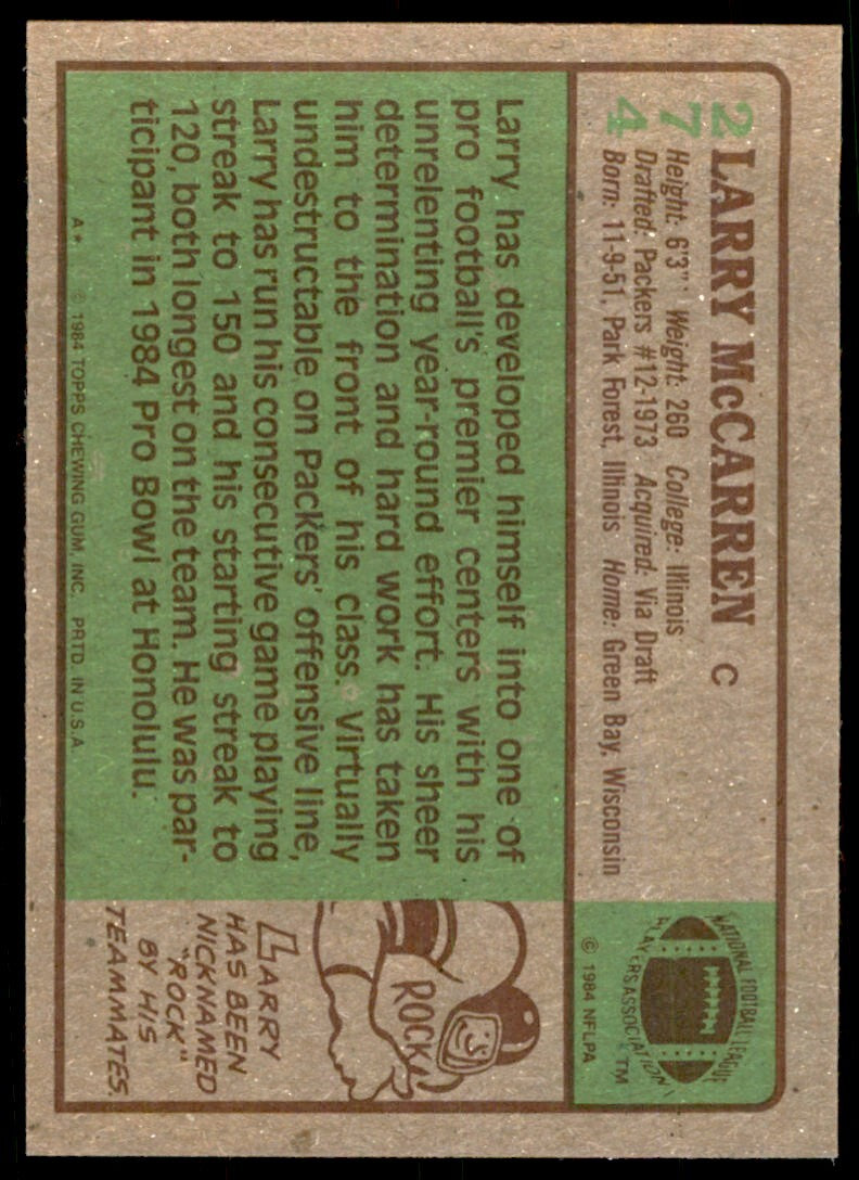 1984 TOPPS^ LARRY MCCARREN GREEN BAY PACKERS #274