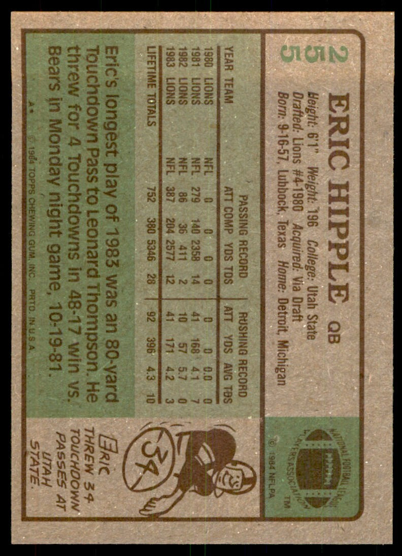 1984 TOPPS} ERIC HIPPLE DETROIT LIONS #255