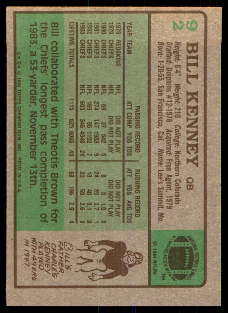 1984 TOPPS\ BILL KENNEY* KANSAS CITY CHIEFS #92