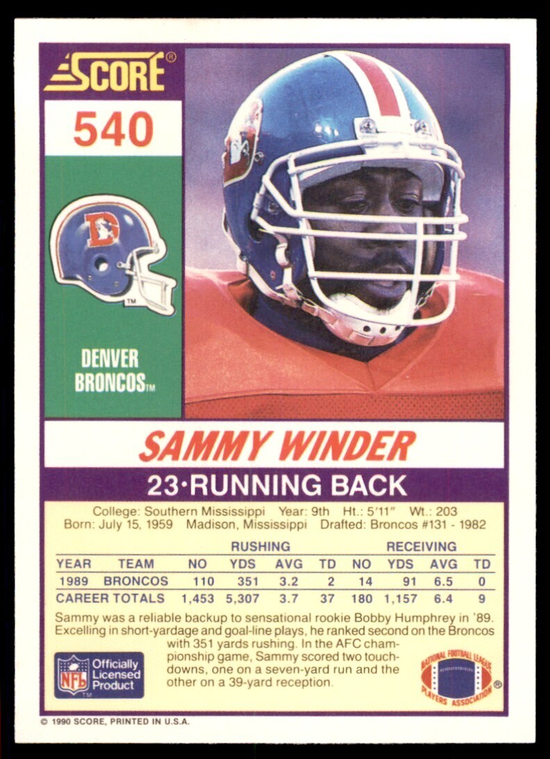 1990 Score Sammy Winder Denver Broncos #540