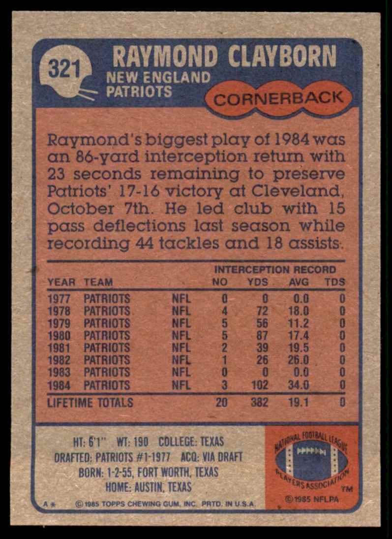 1985 TOPPS RAYMOND CLAYBORN NEW ENGLAND PATRIOTS #321