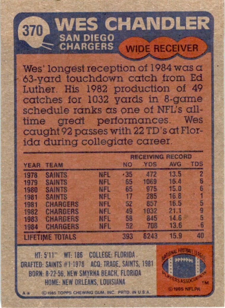 1985 TOPPS WES CHANDLER SAN DIEGO CHARGERS #370