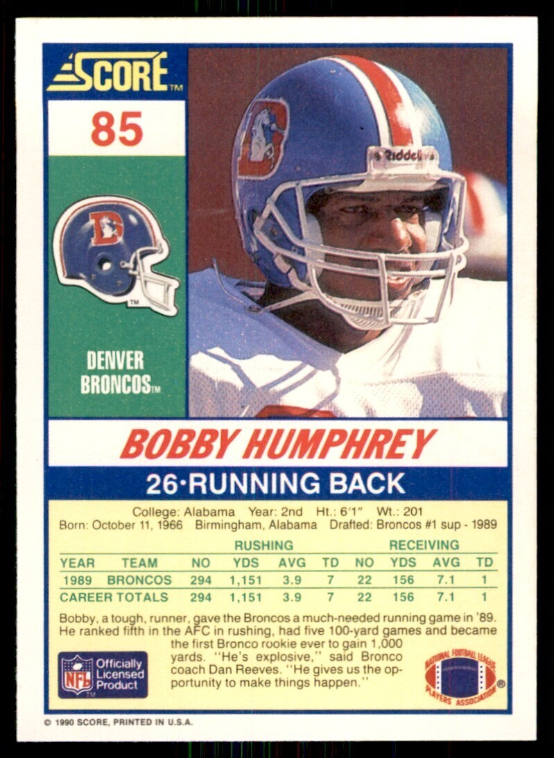 1990 Score Bobby Humphrey Denver Broncos #85