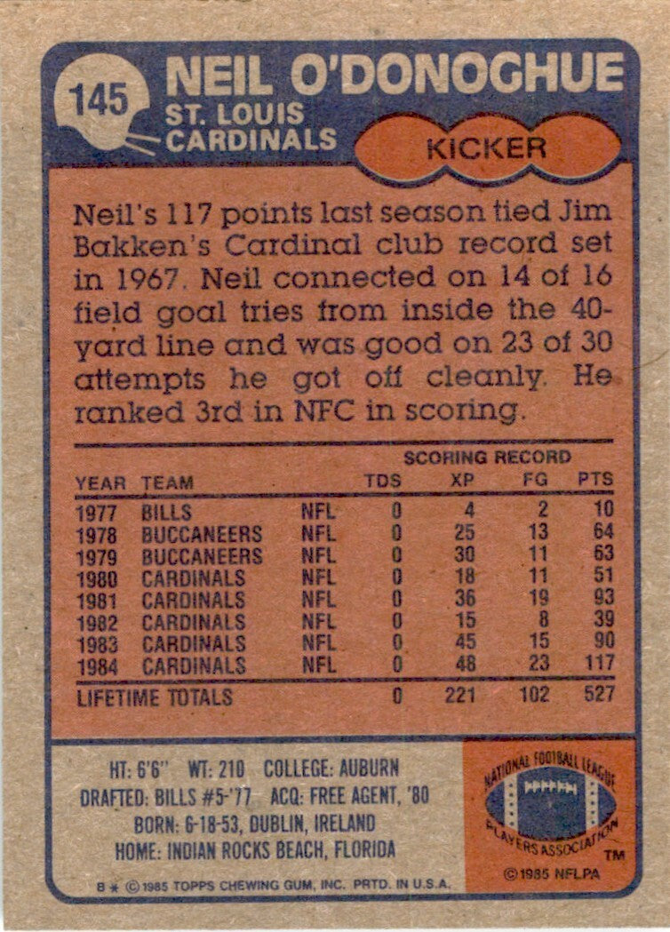 1985 TOPPS NEIL O'DONOGHUE ST. LOUIS CARDINALS #145