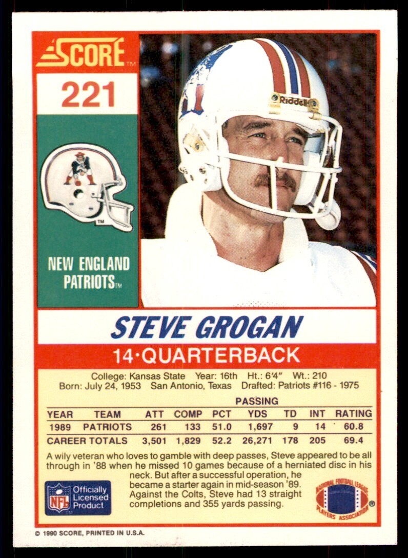 1990 Score Steve Grogan New England Patriots #221
