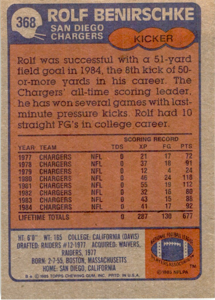 1985 TOPPS ROLF BENIRSCHKE. SAN DIEGO CHARGERS #368