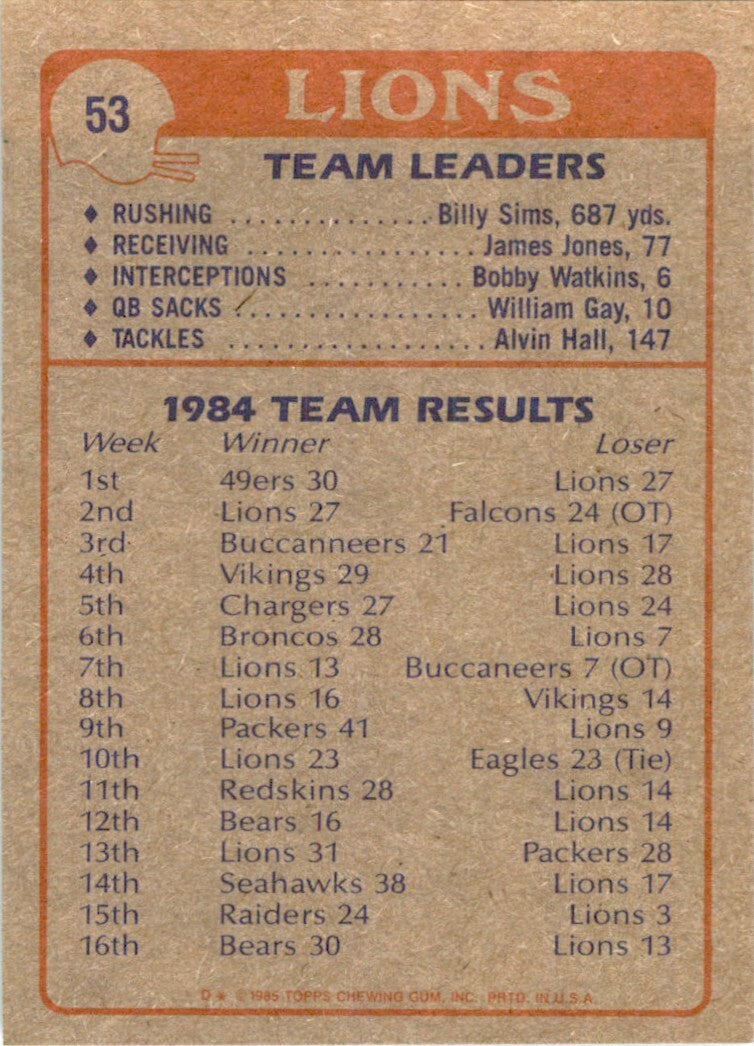 1985 TOPPS LIONS TEAM LEADERS DETROIT LIONS. #53