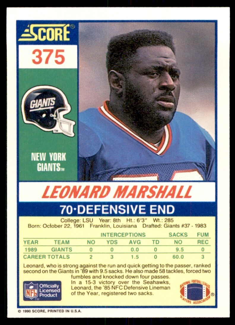 1990 Score Leonard Marshall New York Giants #375