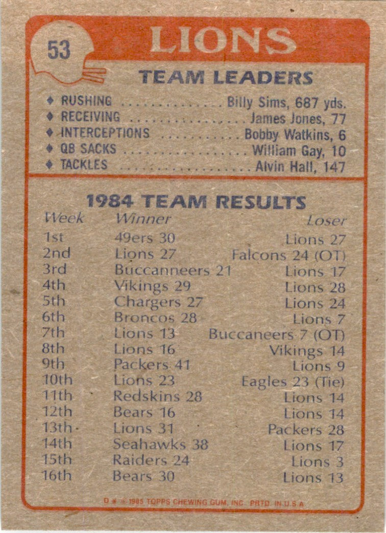 1985 TOPPS LIONS TEAM LEADERS DETROIT LIONS #53