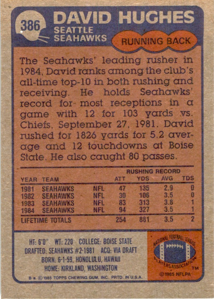1985 TOPPS DAVID HUGHES SEATTLE SEAHAWKS #386