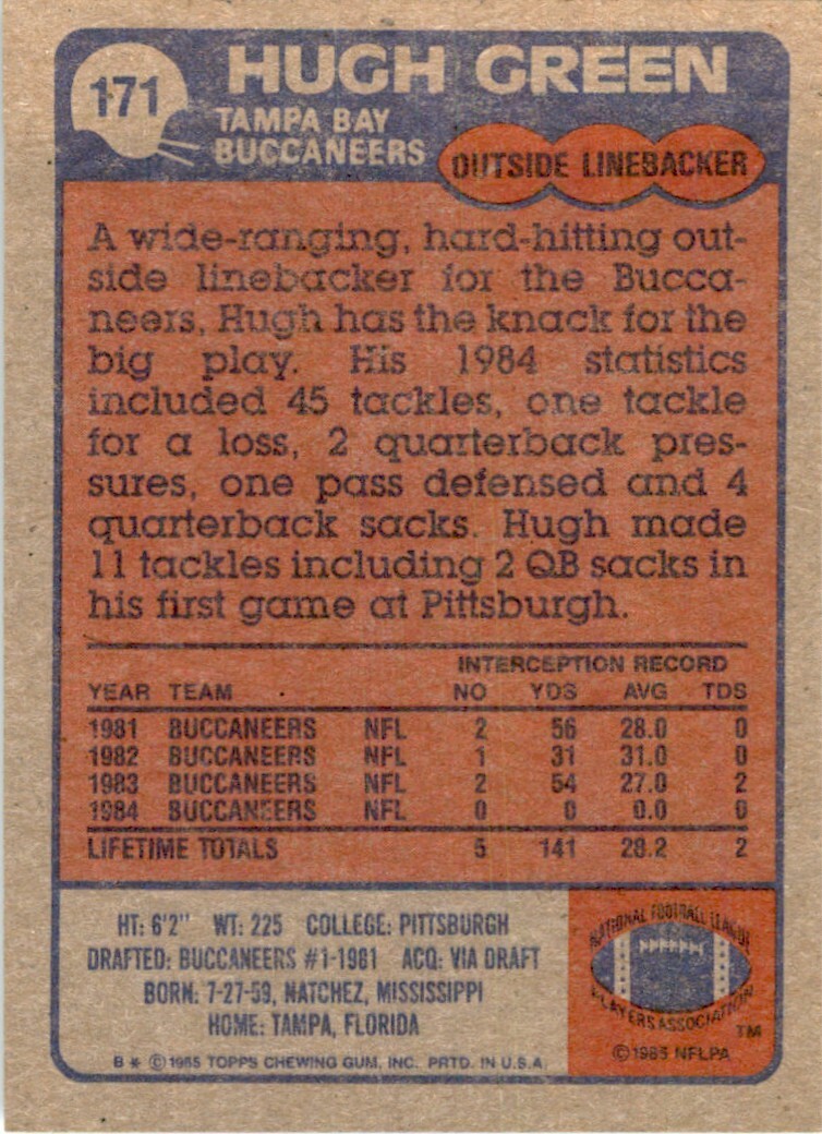 1985 TOPPS HUGH GREEN* TAMPA BAY BUCCANEERS #171