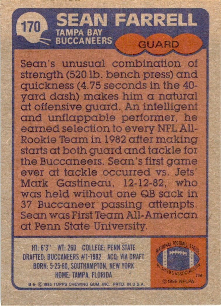1985 TOPPS SEAN FARRELL. TAMPA BAY BUCCANEERS #170