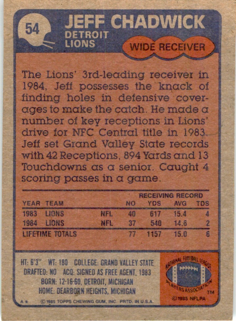 1985 TOPPS! JEFF CHADWICK DETROIT LIONS #54