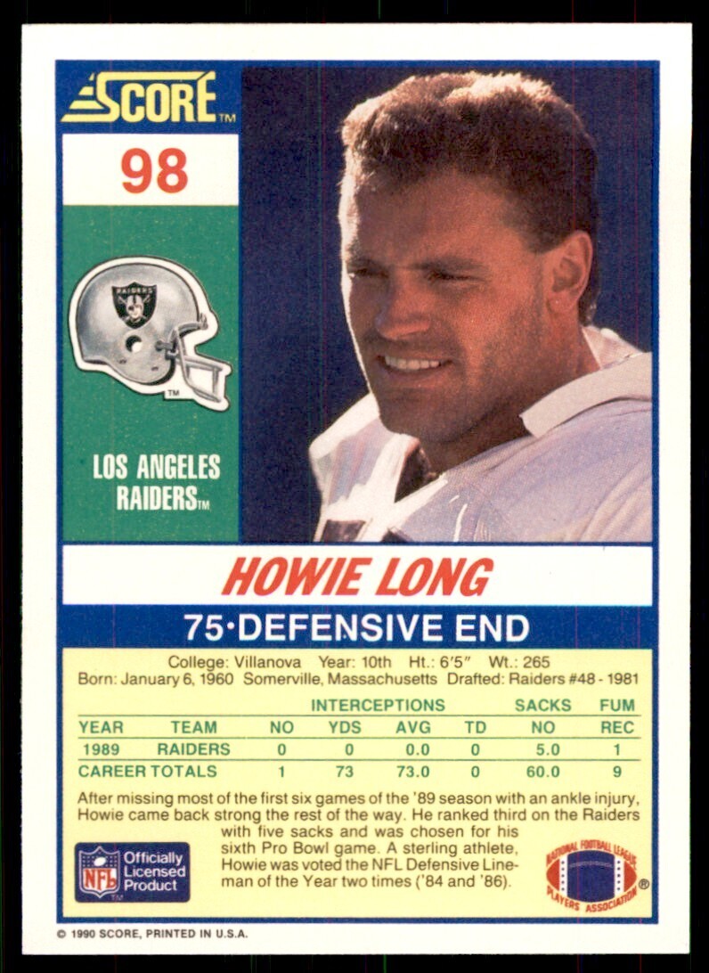 1990 Score Howie Long Los Angeles Raiders #98