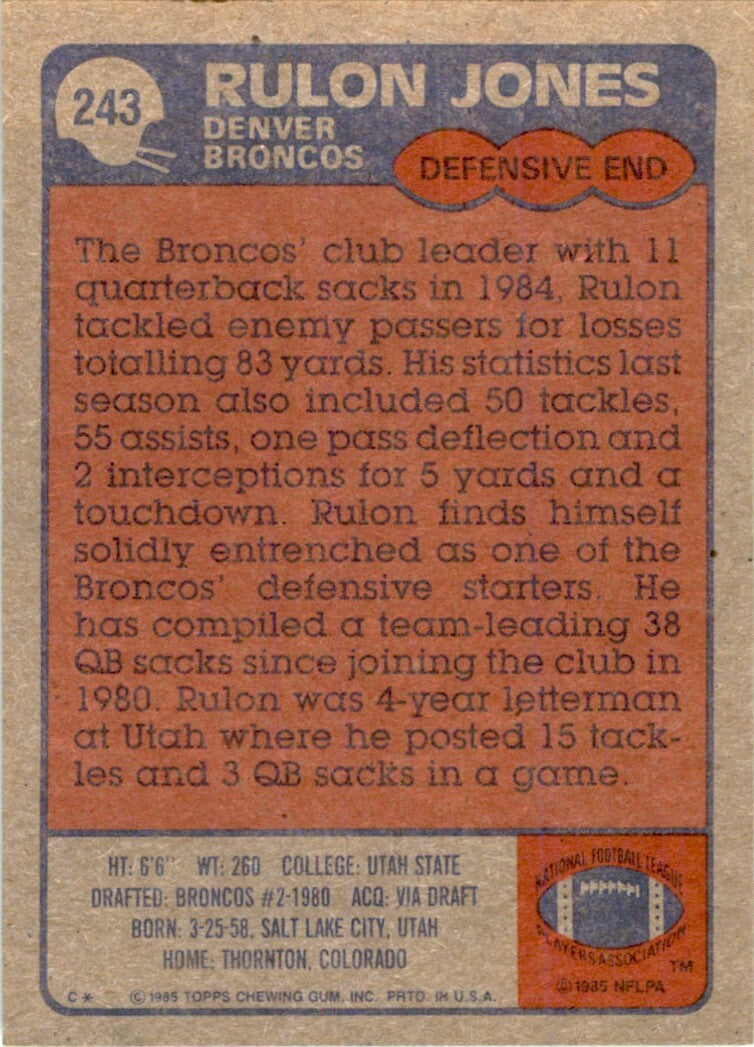 1985 TOPPS! RULON JONES DENVER BRONCOS #243