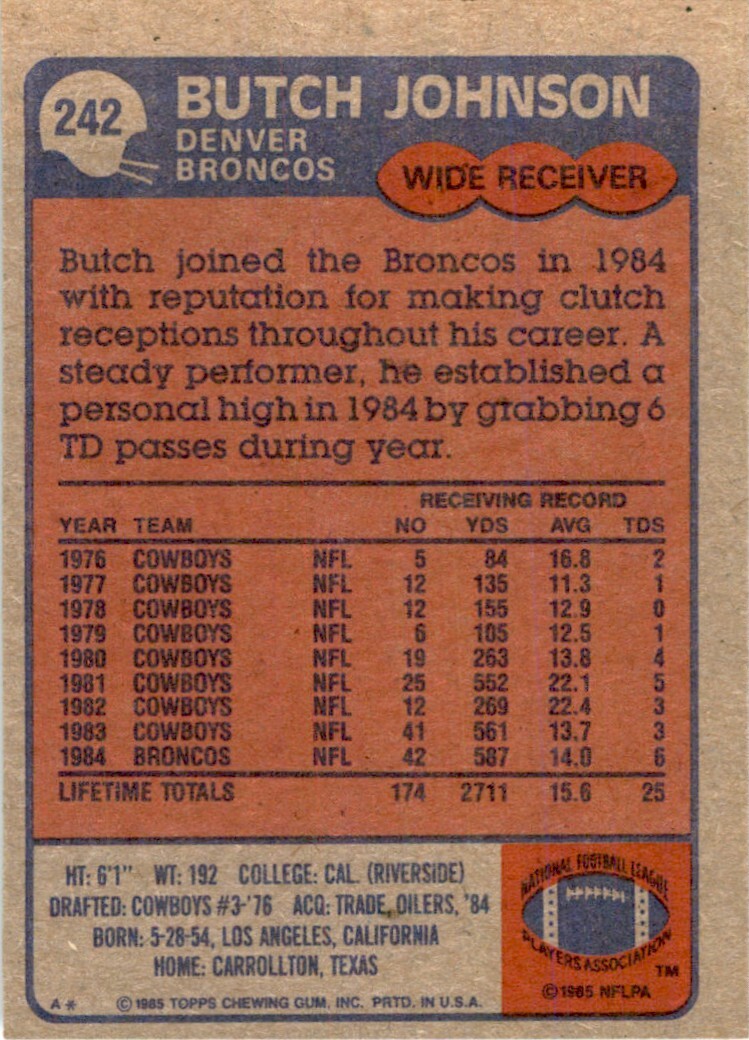 1985 TOPPS! BUTCH JOHNSON DENVER BRONCOS #242