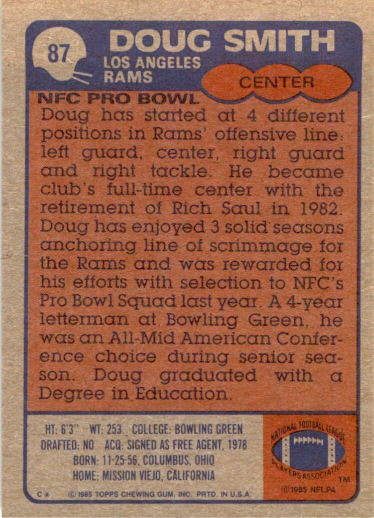 1985 TOPPS; DOUG SMITH LOS ANGELES RAMS #87