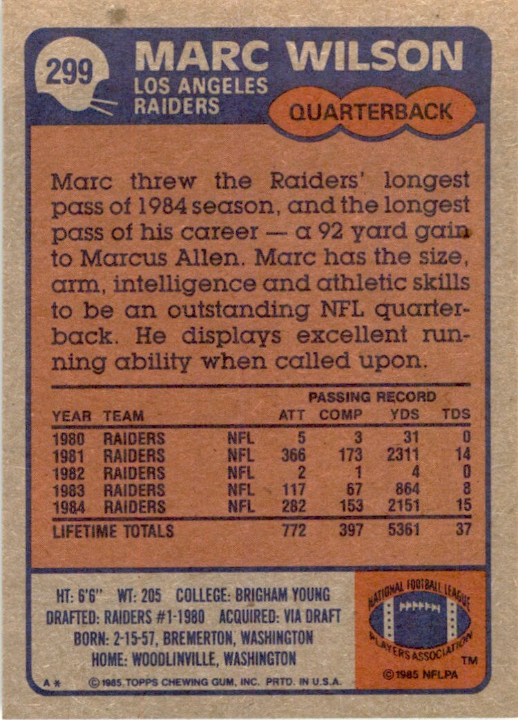 1985 TOPPS; MARC WILSON LOS ANGELES RAIDERS #299