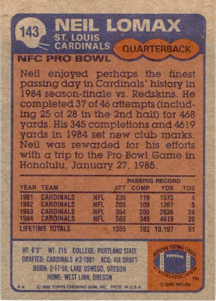 1985 TOPPS; NEIL LOMAX ST. LOUIS CARDINALS #143