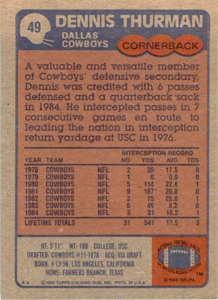 1985 TOPPS; DENNIS THURMAN DALLAS COWBOYS #49