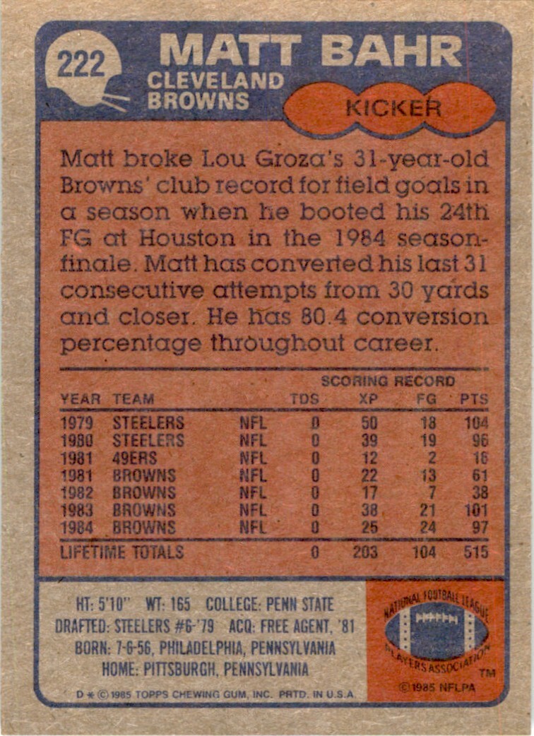 1985 TOPPS; MATT BAHR. CLEVELAND BROWNS #222