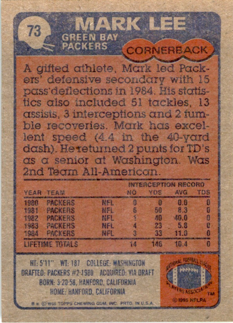 1985 TOPPS; MARK LEE. GREEN BAY PACKERS #73