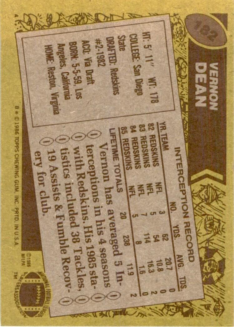 1986 TOPPS. VERNON DEAN; WASHINGTON REDSKINS #182