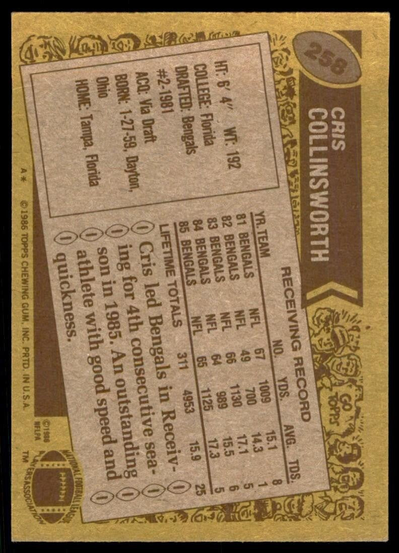 1986 TOPPS CRIS COLLINSWORTH CINCINNATI BENGALS. #258