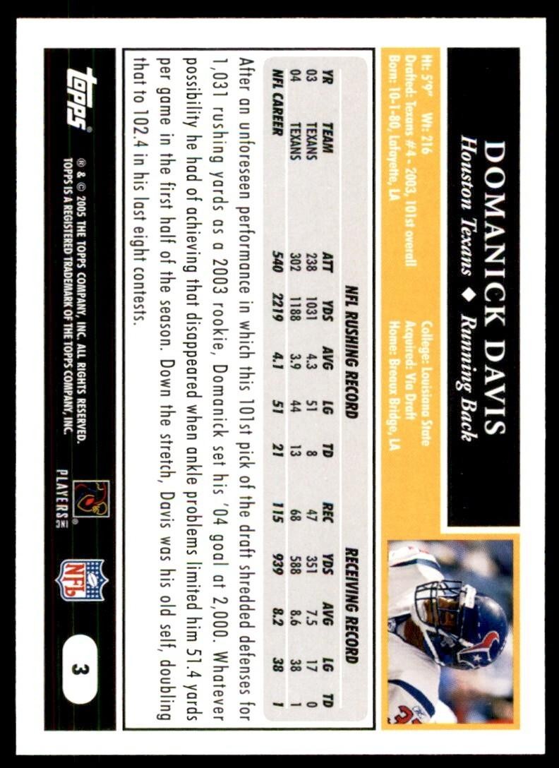 2005 TOPPS DOMANICK DAVIS HOUSTON TEXANS #3