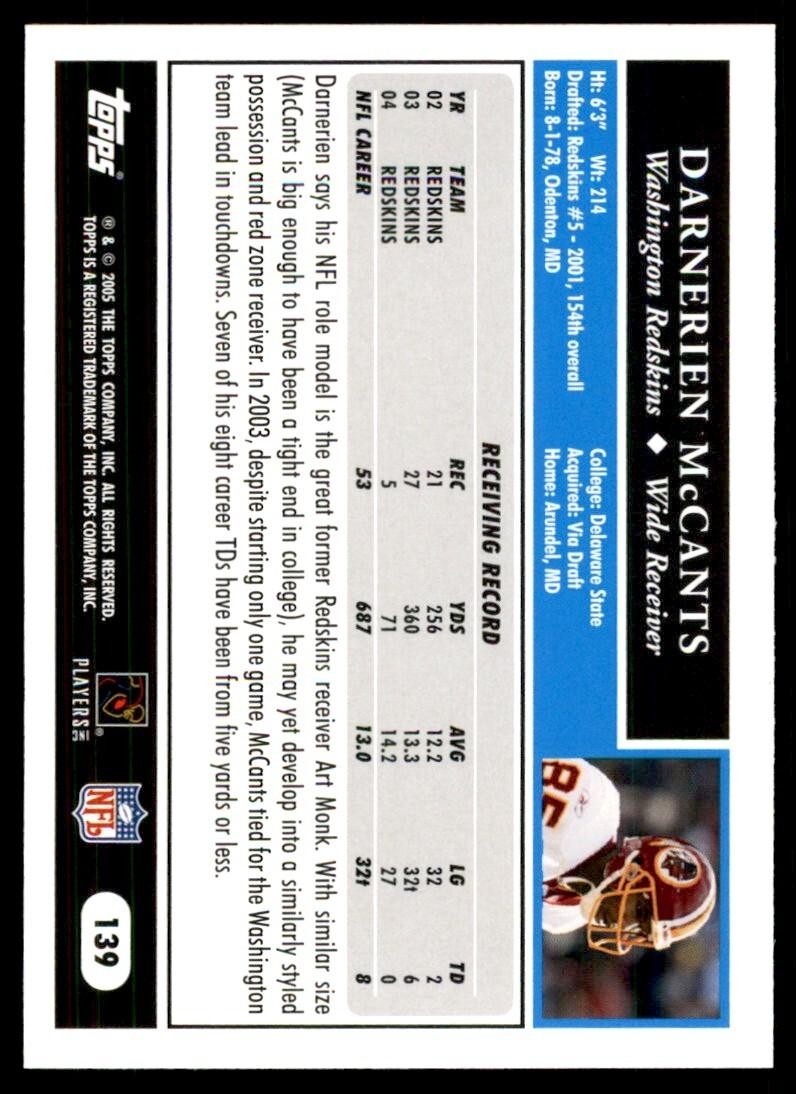 2005 TOPPS DARNERIEN MCCANTS WASHINGTON REDSKINS #139