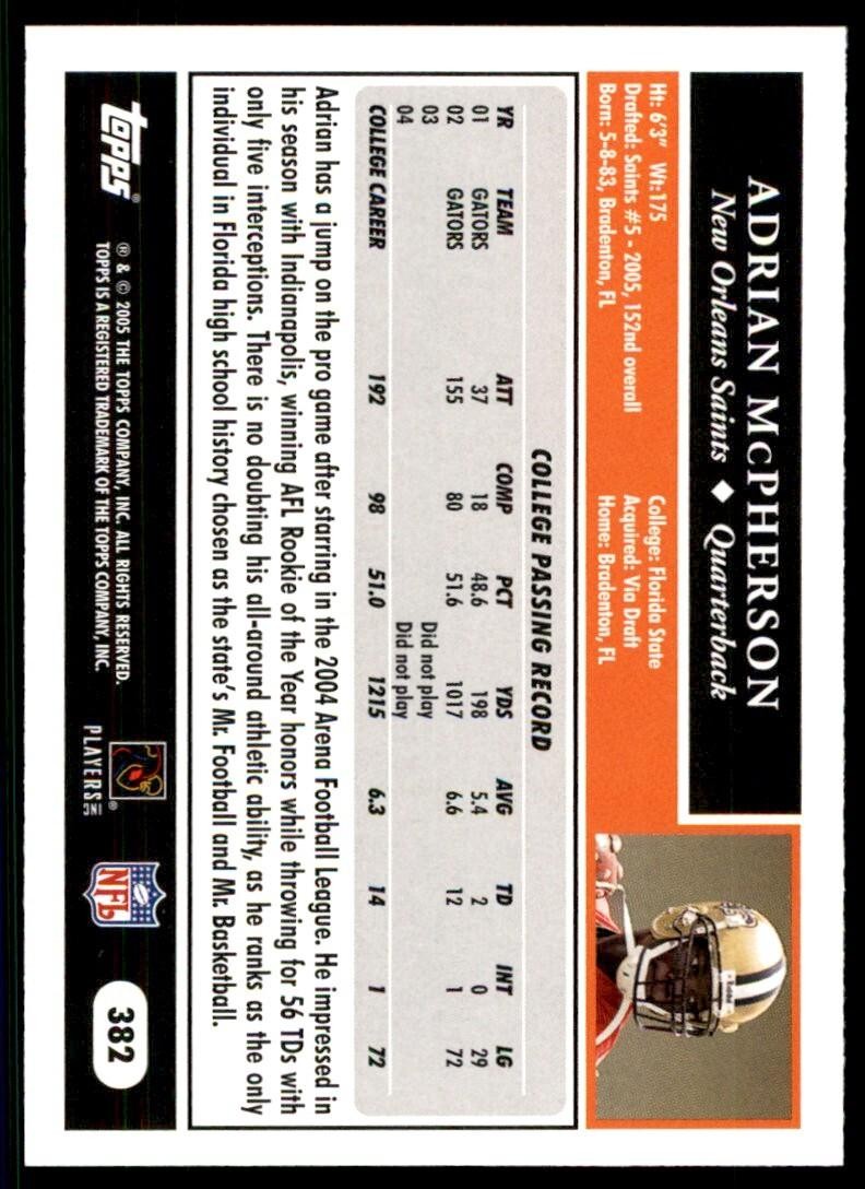 2005 TOPPS ADRIAN MCPHERSON NEW ORLEANS SAINTS #382