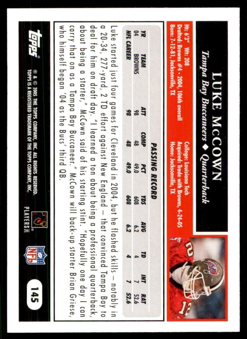 2005 TOPPS LUKE MCCOWN TAMPA BAY BUCCANEERS #145