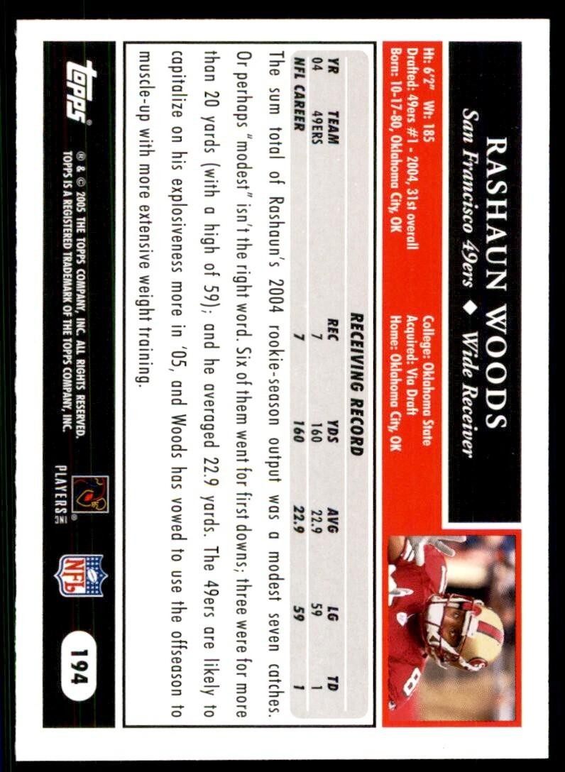 2005 TOPPS RASHAUN WOODS SAN FRANCISCO 49ERS #194