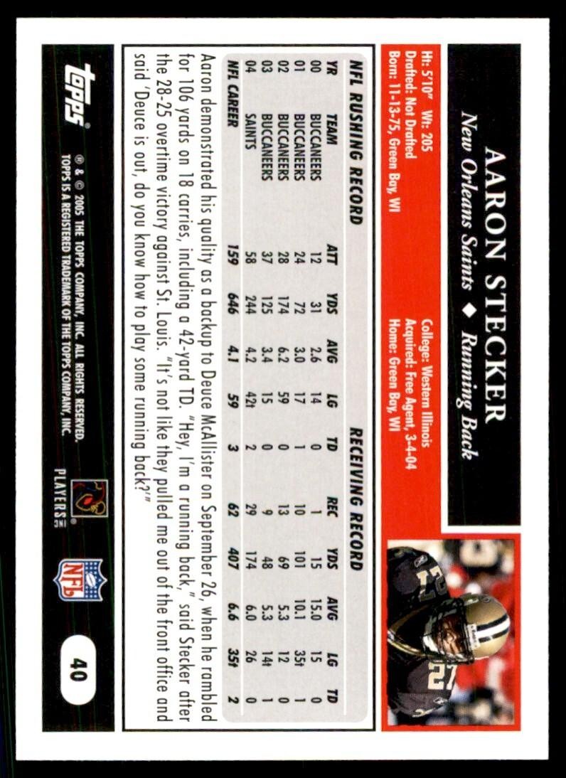 2005 TOPPS AARON STECKER NEW ORLEANS SAINTS #40