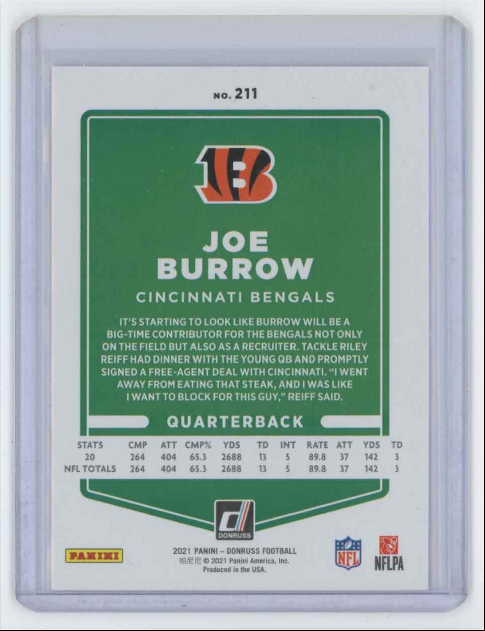 2021 Donruss Joe Burrow Football Card #211