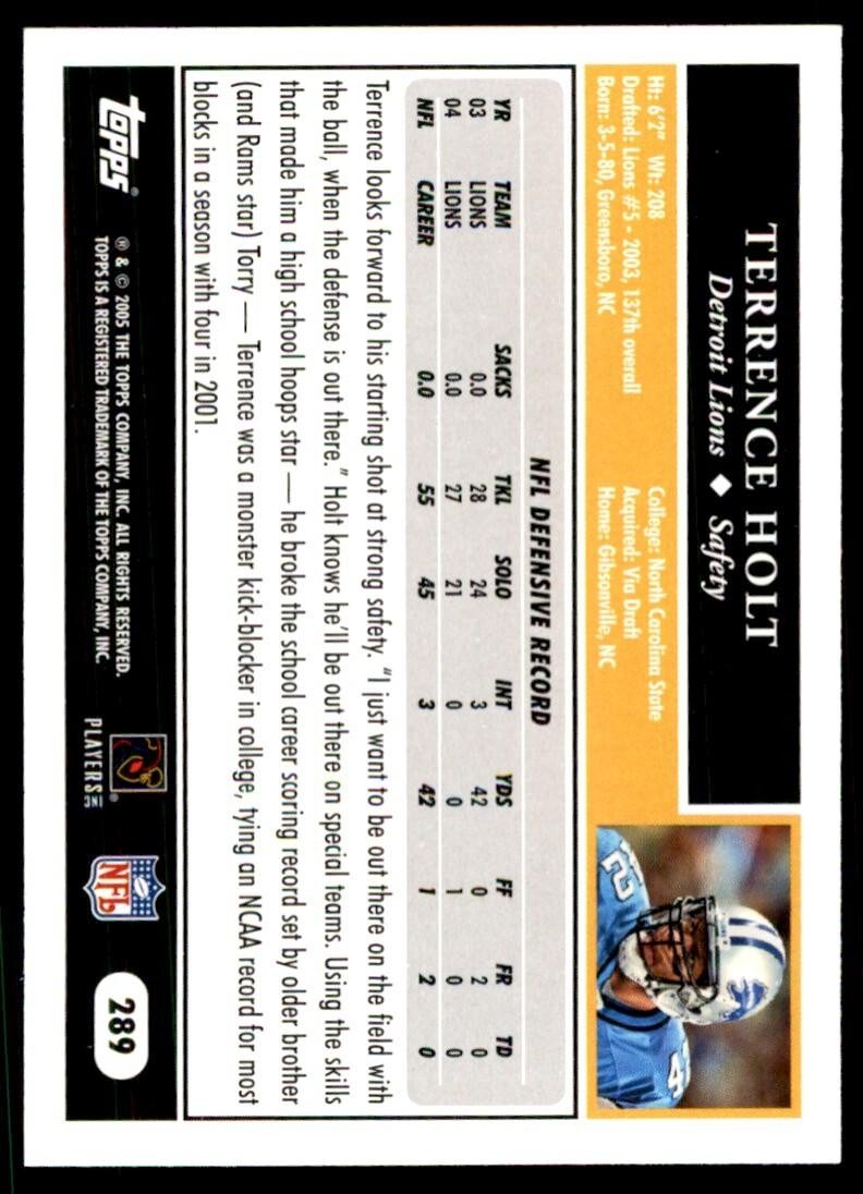 2005 TOPPS TERRENCE HOLT DETROIT LIONS #289