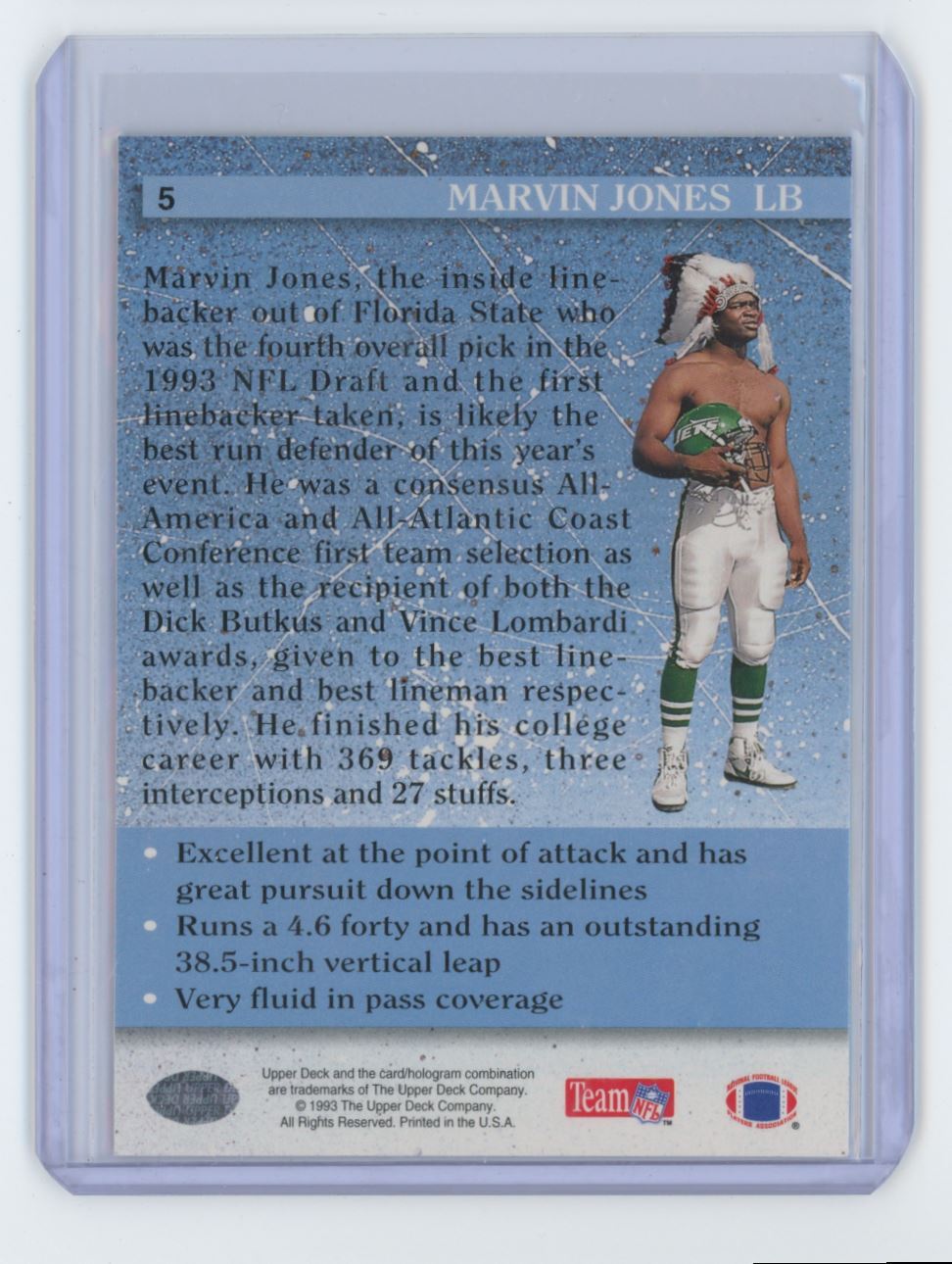1993 Upper Deck Marvin Jones Rookie Footbal Card #5